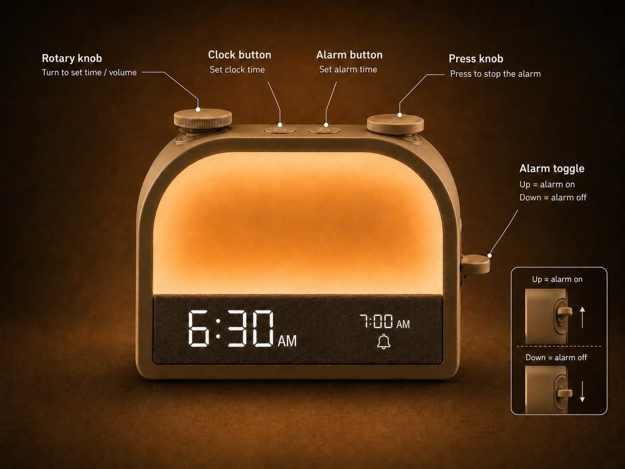 Diagram of Arc's controls: rotary knob to set time and volume, clock button, alarm button, press knob to stop the alarm, and alarm toggle