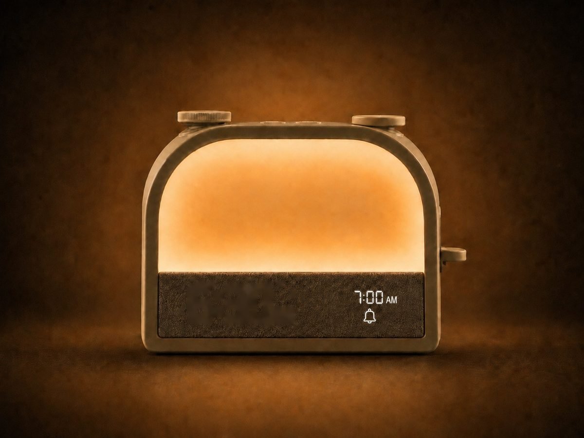 Arc sunrise alarm clock in olive, its warm dome glowing on a dark bedside table